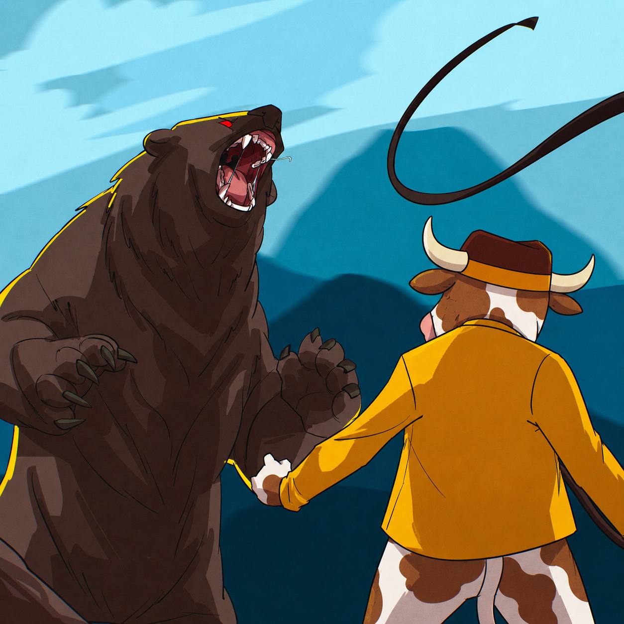 Bully facing a large bear in the mountains.