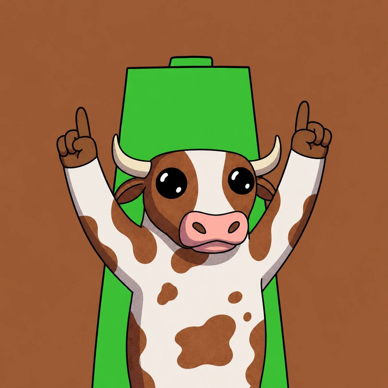 Bully holding both fingers up with a green shape behind it.