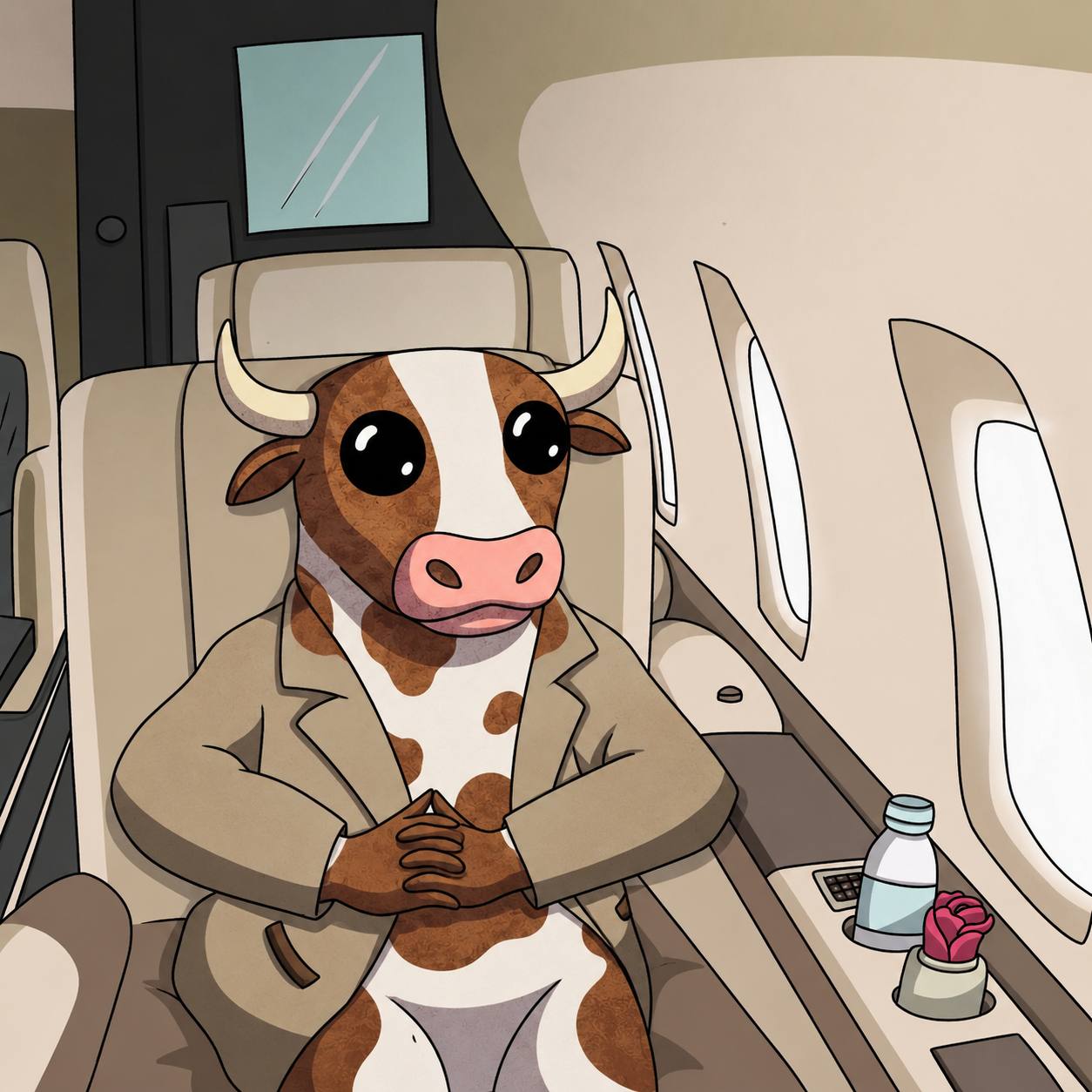 Bully sitting calmly inside a private jet.