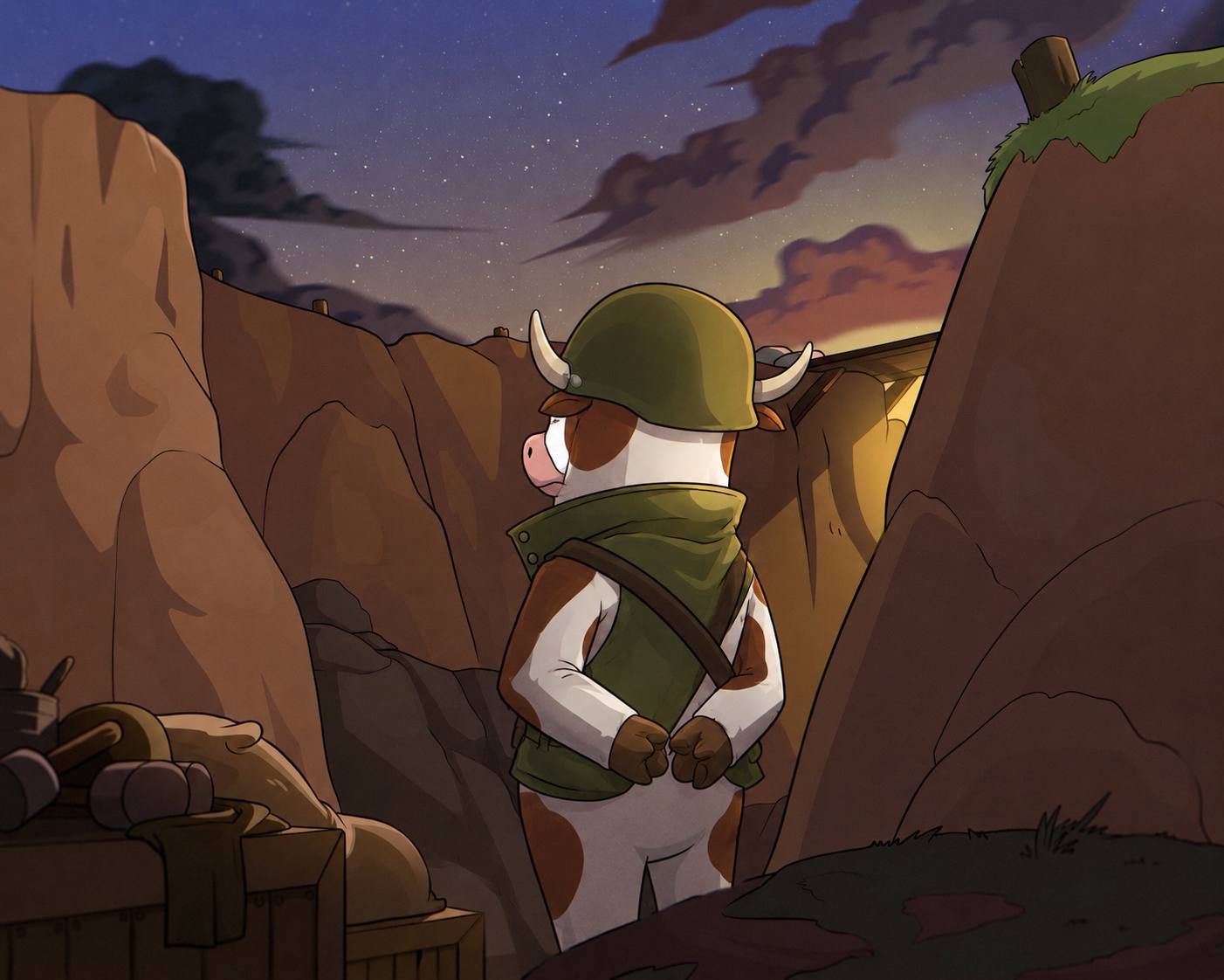 Bully standing in a canyon trench at night.